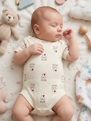 Sedirli Beyaz Kısa Kol Dad Mom Baskılı Bebek Zıbın Bisiklet Yaka Unisex Body %100 Pamuk