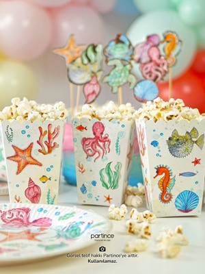 Partince Deniz Canlıları Tema Konseptli 8'li Popcorn Patlamış Mısır Kutusu
