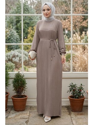 Hafsa Mina Robalı Piliseli Ayrobin Elbise Vizon HM2872