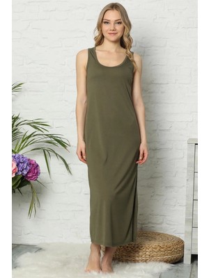 Çamaşır Kenti Kalın Askılı Haki Penye Uzun Gecelik