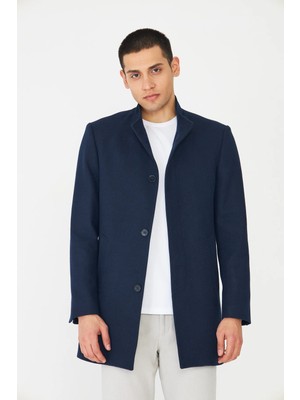 White Stone Lacivert Dik Yaka Astarlı İç Cepli Kaşe Kaban Regular Fit