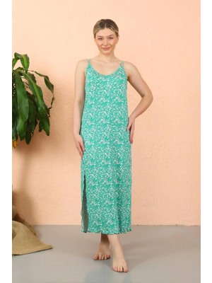 Çamaşır Kenti Kadın Ip Askılı Yırtmaçlı Uzun Yeşil Gecelik