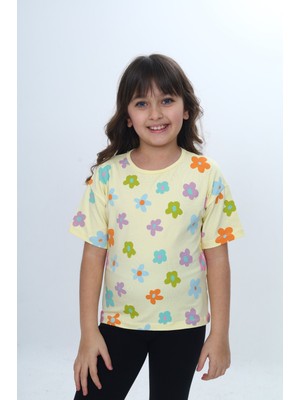 Toontoy Kız Çocuk Renkli Çiçek Baskılı Tişört