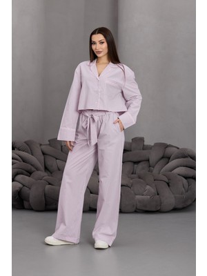 Fehu Bloom Kadın Pembe Kuşak Detay Çizgili Pantolon Crop Gömlek Takım