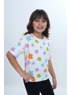 Toontoy Kız Çocuk Renkli Çiçek Baskılı Tişört