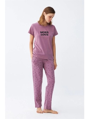 Çamaşır Kenti Kadın Mor Yıldız Desenli Penye Kısa Kol Pijama Takımı