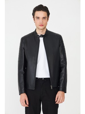 White Stone Siyah Kapitone Detaylı Fermuarlı Modern Hakiki Deri Ceket