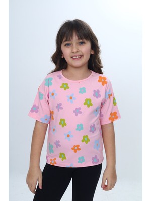 Toontoy Kız Çocuk Renkli Çiçek Baskılı Tişört