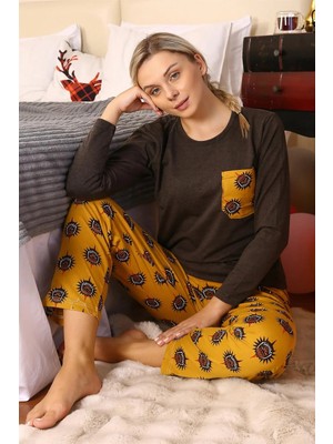 Çamaşır Kenti Kadın Uzun Kol Penye Pijama Takım Kahve