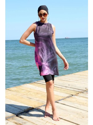 Çamaşır Kenti Sıfır Kol Desenli Yarım Tesettür Mayo Mor