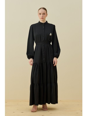 Merwish Broşlu Elbise 1669 Siyah