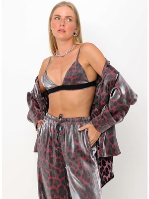 Zf Butik Yeni Sezon Saten Leopar Gömlek Pantolon Bralet Üçlü Takım