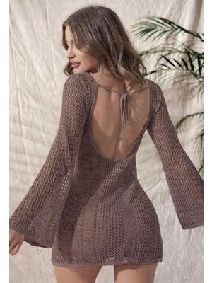 Yuga Knitting Kadın Triko Ajurlu Bağlama Detaylı Şık Kısa Plaj Elbisesi Pareo