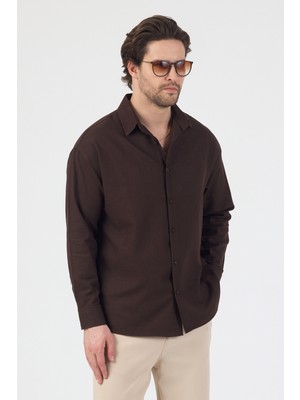 Danger Erkek Pamuklu Keten Görünümlü Gömlek Kahverengi