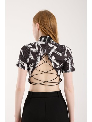 Modazeyosh Kadın Sırt Lastik Detay Dijital Baskı Crop