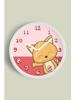 JHAAR Sevimli Tilki Tasarımlı Çocuk Odası Duvar Saati - 25CM - Önü Camlı Beyaz Kasa