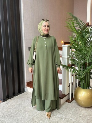 Moda Uzun Tunikli Pantolonlu Tesettür Ikili Takım Ön 120 cm Arka 140 cm Rahat Kalıp Günlük Şık Takım