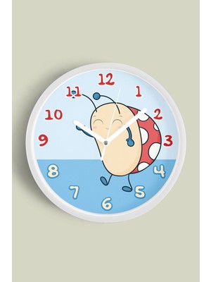 JHAAR Sevimli Uğur Böceği Tasarımlı Çocuk Odası Duvar Saati - 25CM - Önü Camlı Beyaz Kasa