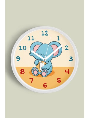 JHAAR Sevimli Fil Desenli Çocuk Odası Duvar Saati - 25CM - Önü Camlı Beyaz Kasa