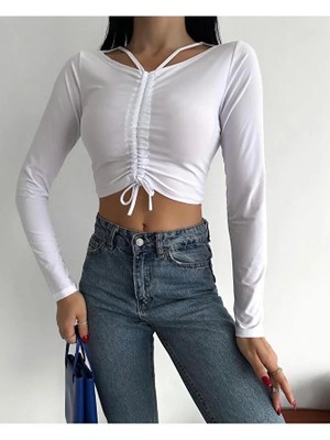 Modazeyosh Boyundan Askılı Büzgülü Crop