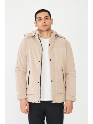White Stone Modern Kesim Kapüşonlu Bej Erkek Şişme Mont