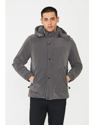 White Stone Gri Kapüşonlu Erkek Şişme Mont