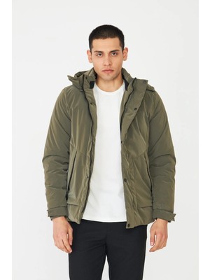 White Stone Haki Modern Kesim Kapüşonlu Haki Erkek Şişme Mont
