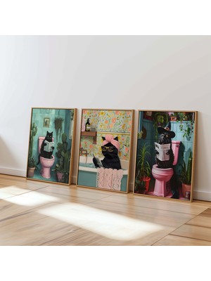 DES VU PRINT 3'lü Kedi Temalı Çerçevesiz Poster, Banyo Temalı Poster Seti