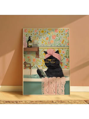 DES VU PRINT Küvette Gazete Okuyan Kedi Posteri, Banyo Temalı Çerçevesiz Poster