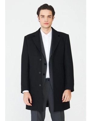 White Stone Siyah Astarlı İç Cepli Kaşe Kaban Regular Fit