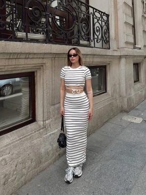 Dua Giyim Çizgili Etekli Takım Beyaz S3609