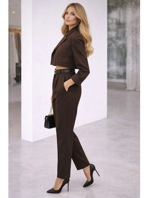 Yüksek Bel Pileli Kahverengi Chino Pantolon