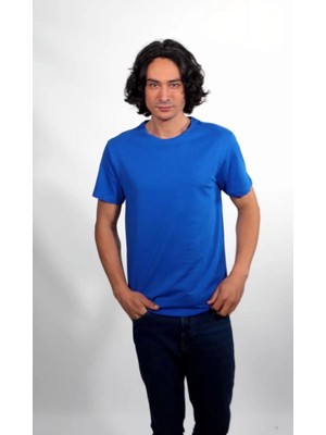 %100 Pamuk Basic Tişört Rahat Kalıp Unisex Günlük Spor T-Shirt Sax Mavi