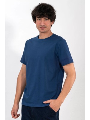 %100 Pamuk Basic Tişört Rahat Kalıp Unisex Günlük Spor T-Shirt Mavi