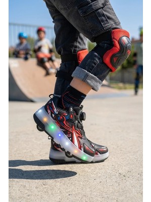 Ayakkabı Fuarı Elit Erkek Çocuk Rgb LED Işıklı Çıkarılabilir Tekerlekli Paten Ayakkabı Siyah