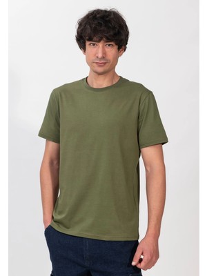 %100 Pamuk Basic Tişört Rahat Kalıp Unisex Günlük Spor T-Shirt Haki Yeşil