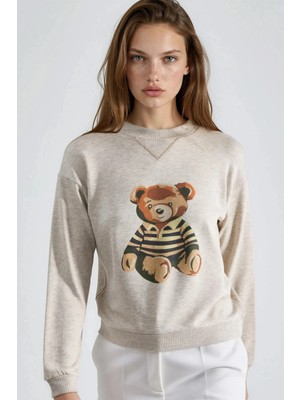 Hiccup Kadın Busem Baskılı Basic Sweatshirt Krem Doğal