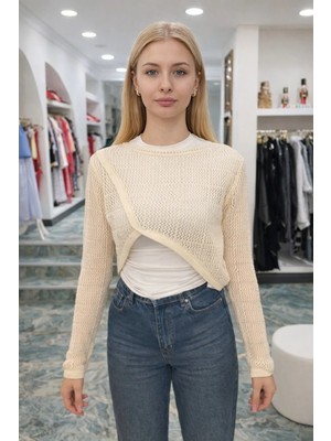 Bisiklet Yaka Ajurlu Triko Bej Bluz