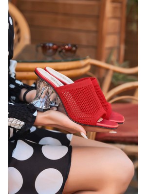 Dua Giyim Akva Kırmızı Triko Şeffaf Topuklu Terlik