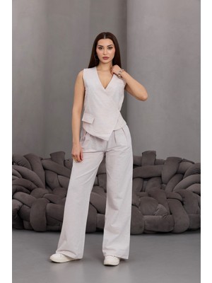Fehu Bloom Kadın Çift Pileli Palazzo Bej Pantolon Yan Düğme Asimetrik Keten Yelek Takım
