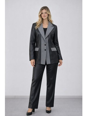 Deri Detaylı Çift Yaka Gri Ceket