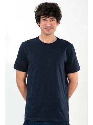%100 Pamuk Basic Tişört Rahat Kalıp Unisex Günlük Spor T-Shirt Lacivert