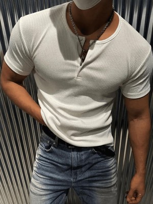 Oksit San Loe Erkek Slim Fit Likralı Henley Yaka Uzun Kollu Tişört - Düğmeli Esnek Kumaş