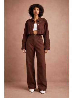 Baklava Desenli Bol Paça Kahverengi Kot Pantolon