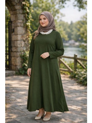 Moda Kristal Kumaş Tesettür Uzun Elbise 130 cm – Haki Siyah Lacivert Rahat Kalıp Günlük Şık Elbise