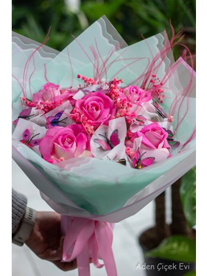 Aden Çiçek Evi Işıltılı Pembe Gül Kelebek Buketi Ledli Sevdiklerinize Özel Gün Hediyesi