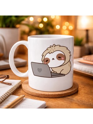Nexgen Laptoplu Tembel Hayvan Desenli Porselen Kupa Model 109 – Sevimli Sloth Tasarımlı Kahve Kupası