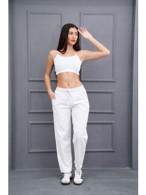 Kadın Kırık Beyaz %100 Pamuk Yüksek Bel Lastikli Rahat Kesim Günlük Pantolon
