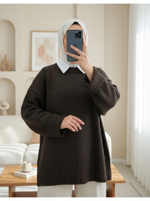 Modamorfo Bisiklet Yaka Eteği Fitilli Salaş Triko Kazak      -K. Kahve