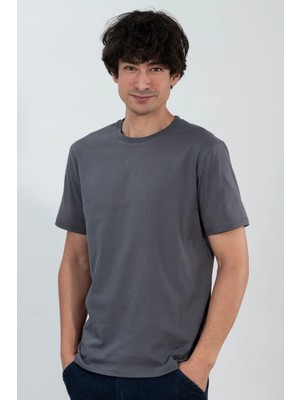 %100 Pamuk Basic Tişört Rahat Kalıp Unisex Günlük Spor T-Shirt Füme